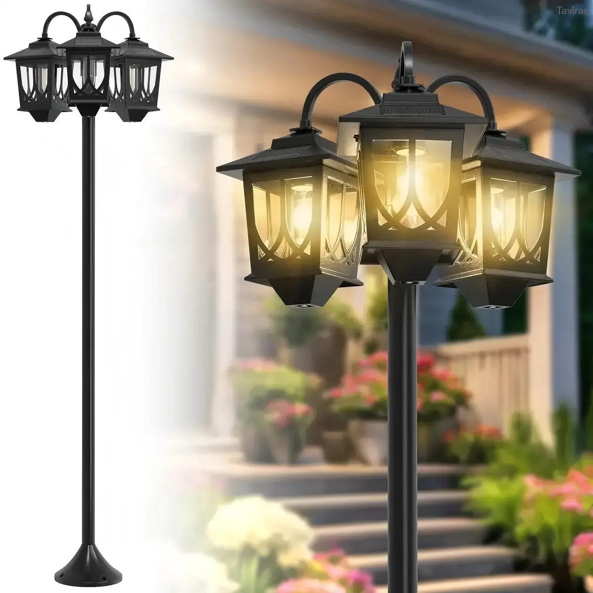 3-Head Outdoor Solar Lamp Post Lights, Waterproof Solar Powered Garden, Lawn, Pathway & Yard Lights, 60 Lumens, 2 Extra Bulbs, Front/Back Door Decoration