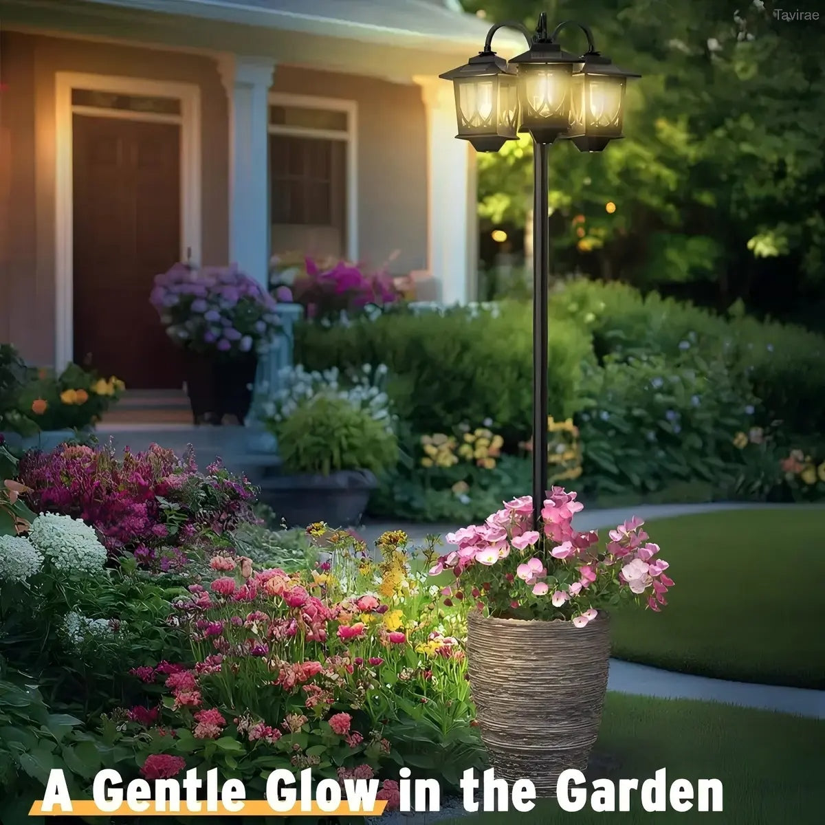 3-Head Outdoor Solar Lamp Post Lights, Waterproof Solar Powered Garden, Lawn, Pathway & Yard Lights, 60 Lumens, 2 Extra Bulbs, Front/Back Door Decoration