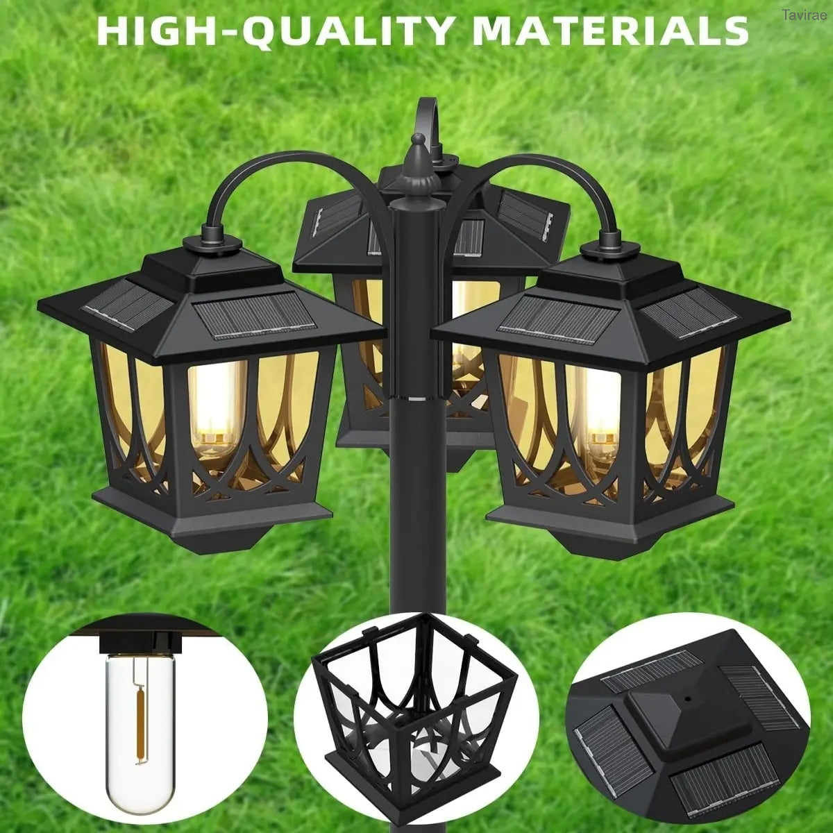 3-Head Outdoor Solar Lamp Post Lights, Waterproof Solar Powered Garden, Lawn, Pathway & Yard Lights, 60 Lumens, 2 Extra Bulbs, Front/Back Door Decoration